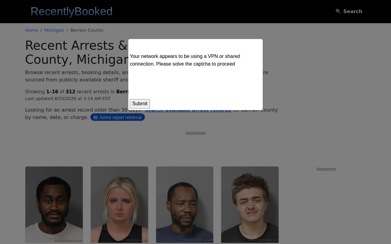 RecentlyBooked Berrien County section interface